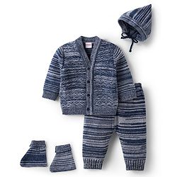 Babyhug Knit Full Sleeves Striped Sweater Set with Cap & Mittens - Navy Blue