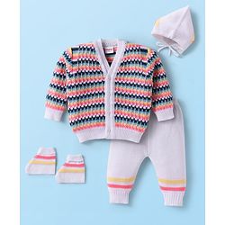 Babyhug Knit Full Sleeves Striped Front Open Sweater Set With Cap & Mittens - Multicolour