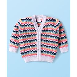 Babyhug Knit Full Sleeves Striped Front Open Sweater Set With Cap & Mittens - Multicolour