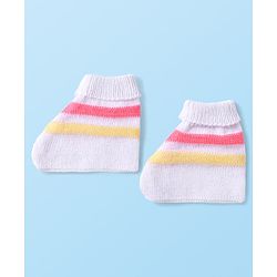 Babyhug Knit Full Sleeves Striped Front Open Sweater Set With Cap & Mittens - Multicolour