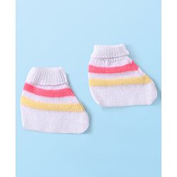Babyhug Knit Full Sleeves Striped Front Open Sweater Set With Cap & Mittens - Multicolour