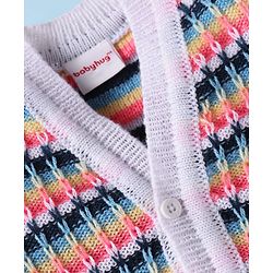 Babyhug Knit Full Sleeves Striped Front Open Sweater Set With Cap & Mittens - Multicolour