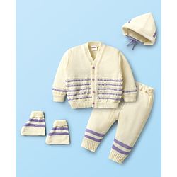 Babyhug Knit Full Sleeves front Open Sweater Set with Cap & Booties - Offwhite