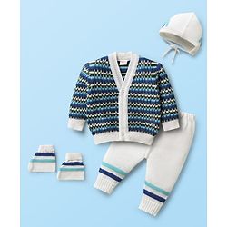 Babyhug Knit Full Sleeves Front Open Cable Knit Designed Sweater Set With Cap & Mittens - Multi Colour