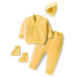 Babyhug Knitted Full Sleeves Front Open Solid Sweater Set With Cap & Mittens - Yellow