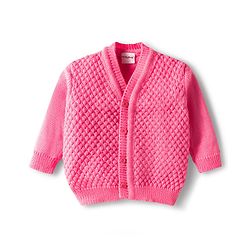 Babyhug Knitted Full Sleeves Front Open Solid Sweater Set With Cap & Mittens - Pink