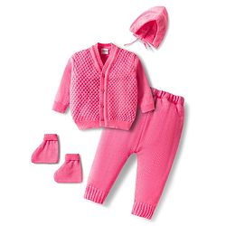 Babyhug Knitted Full Sleeves Front Open Solid Sweater Set With Cap & Mittens - Pink