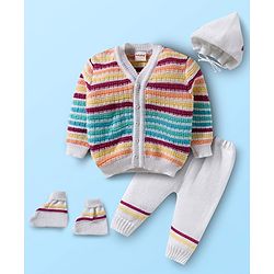 Babyhug Knit Full Sleeves Striped Front Open Sweater Set with Cap & Booties - Multicolor