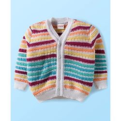 Babyhug Knit Full Sleeves Striped Front Open Sweater Set with Cap & Booties - Multicolor