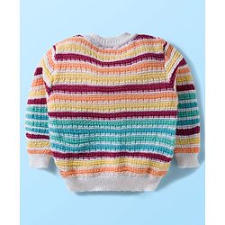 Babyhug Knit Full Sleeves Striped Front Open Sweater Set with Cap & Booties - Multicolor