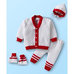 Babyhug Knit Full Sleeves Solid Color Front Open Sweater Set with Cap & Booties - Off White