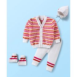 Babyhug Knit Full Sleeves Striped Front Open Sweater Set with Cap & Booties - Multicolor