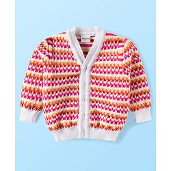 Babyhug Knit Full Sleeves Striped Front Open Sweater Set with Cap & Booties - Multicolor