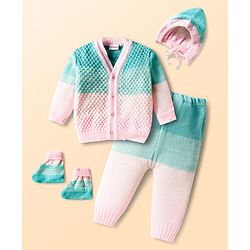 Babyhug Knit Full Sleeves Color Block Front Open Sweater Set with Cap & Booties - Pink