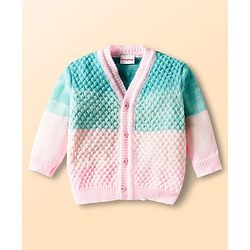 Babyhug Knit Full Sleeves Color Block Front Open Sweater Set with Cap & Booties - Pink