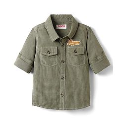 Babyhug Cotton Woven Full Sleeves Checkered Shirt With Text Embriodery - Olive Green