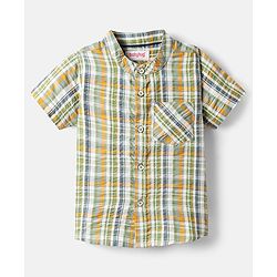 Babyhug Cotton Woven Half Sleeves Mandarin Collar Shirt With Checks Print - Green