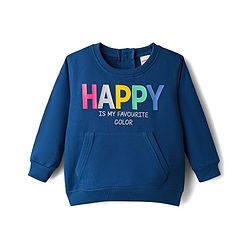 Babyhug Cotton Knit Full Sleeves Sweatshirt With Text Print & Kangaroo Pockets - Navy Blue