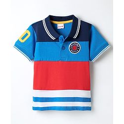 Babyhug 100% Cotton Knit Half Sleeves Cut & Sew Polo T-Shirt with Patch Detailing - Red & Blue
