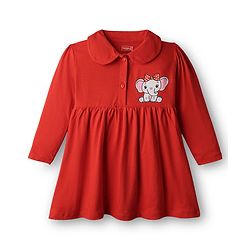 Babyhug Single Jersey Full Sleeves Elephant Printed Peter Pan Collar Frock With Bloomer - Red