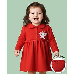 Babyhug Single Jersey Full Sleeves Elephant Printed Peter Pan Collar Frock With Bloomer - Red