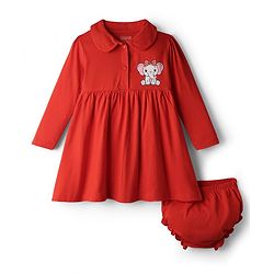 Babyhug Single Jersey Full Sleeves Elephant Printed Peter Pan Collar Frock With Bloomer - Red