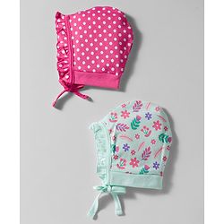 Babyhug 100% Cotton Interlock Knit Caps With Floral Print Pack Of 2 Pink & Light Green - Diameter 9.5 cm