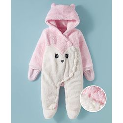 Babyhug Fur Knit Full Sleeves Hooded Front OpenWinter Wear Romper with Attached Mitten & Footed with Teddy Bear Print & Applique - White & Light Blue