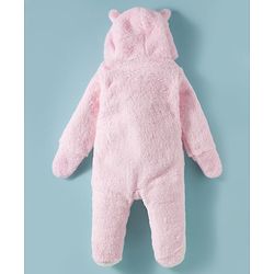 Babyhug Fur Knit Full Sleeves Hooded Front OpenWinter Wear Romper with Attached Mitten & Footed with Teddy Bear Print & Applique - White & Light Blue