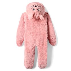 Babyhug Fur Woven Full Sleeves Footed Winter Wear Romper with Hood Tiger Embroidery & Ear Applique - Pink
