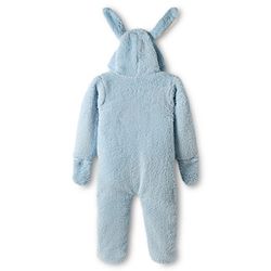Babyhug Fur Woven Full Sleeves Footed Hooded Winter Rompers with Bunny Applique & Embroidery - Light Blue