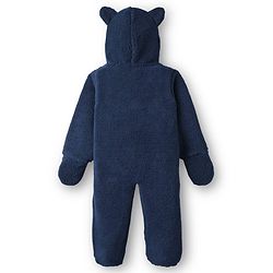 Babyhug Fur Woven Full Length Hooded Winter Wear Footed Romper with Teddy Patch - Navy Blue