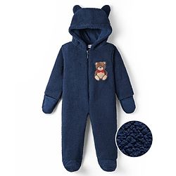 Babyhug Fur Woven Full Length Hooded Winter Wear Footed Romper with Teddy Patch - Navy Blue