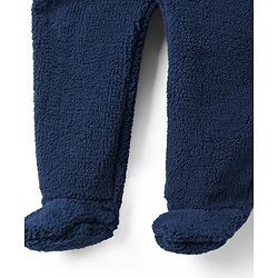 Babyhug Fur Woven Full Length Hooded Winter Wear Footed Romper with Teddy Patch - Navy Blue