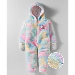 Babyhug Fur Woven Full Sleeves Hooded Footed Front Open Romper with Attached Mitten - Multicolor