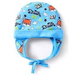 Babyhug 100% Cotton Knit Cap with Knot & Tiger Print Light Blue - Circumference 33 cm