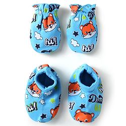 Babyhug 100% Cotton Knit Mittens and Booties Animal Print - Light Blue