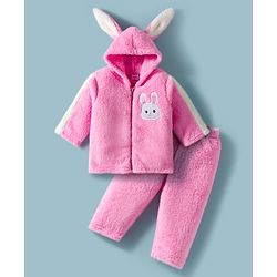 Babyhug Fur Woven Full Sleeves Winter Wear Hooded T-Shirt & Lounge Pant Set With Animal Embriodery & Ear Applique - Pink
