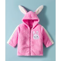 Babyhug Fur Woven Full Sleeves Winter Wear Hooded T-Shirt & Lounge Pant Set With Animal Embriodery & Ear Applique - Pink