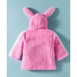 Babyhug Fur Woven Full Sleeves Winter Wear Hooded T-Shirt & Lounge Pant Set With Animal Embriodery & Ear Applique - Pink