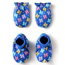 Babyhug 100% Cotton Knit Mittens and Booties Butterfly Print - Blue