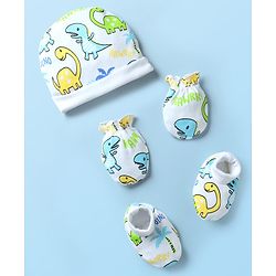 Babyhug 100% Cotton Interlock Knit Cap Mittens & Booties With Dino Print White - Diameter 10.5 cm