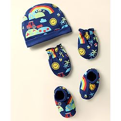 Babyhug 100% Cotton Knit Cap Mittens & Booties Set with Tropical Theme Print Navy Blue - Diameter 10 cm
