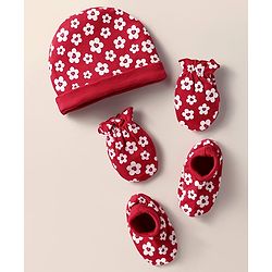 Babyhug 100% Cotton Knit Cap Mittens & Booties Set with Floral Print Red - Diameter 10 cm