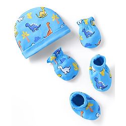 Babyhug 100% Cotton Knit Cap Mittens & Booties With Dino Print Blue - Circumference 28 cm
