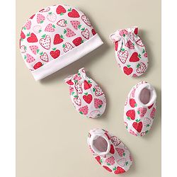 Babyhug 100% Cotton Knit Cap Mittens & Booties Set with Strawberry Print White - Diameter 11 cm