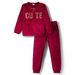 Babyhug Velour Woven Full Sleeves Winter Wear Suit Set With Cute Text Squined with Kangaroo Pocket - Maroon