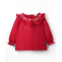 Babyhug Woven Full Sleeves Top with Floral Embroidery with Frill Detailing - Red