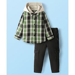 Babyhug Cotton Woven Full Sleeves Checkered Hooded Shirt & Trouser Set - Back & Green