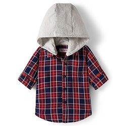 Babyhug Cotton Woven Full Sleeves Hooded Shirt and Trouser with Checks Print - Red & Grey